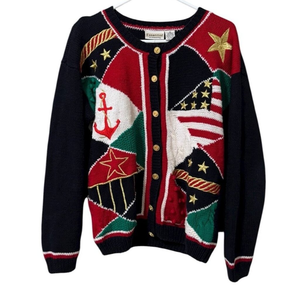 Essential Elements Women Sz Small‎ Cardigan Sweater Knit Embroidered Long Sleeve